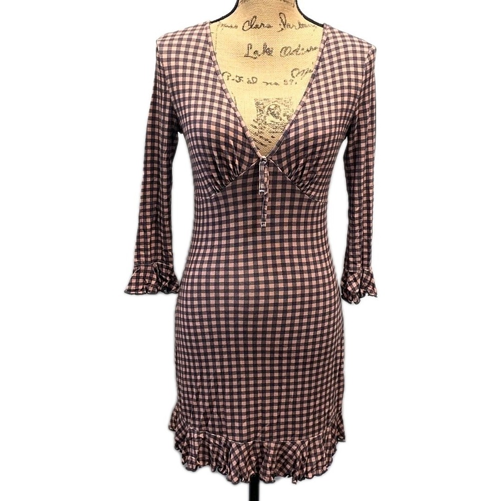Urban Outfitters Gingham Mini Dress‎ Brown Ruffle V Neck Coquette sz S